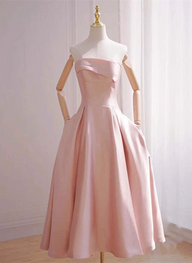 Pink Tea Length Simple Satin Wedding Party Dress, Pink Short Formal Dress
