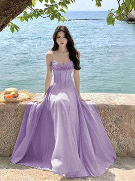 Light Purple Chiffon Straps A-line Prom Dress, Light Purple Evening Dress Party Dress