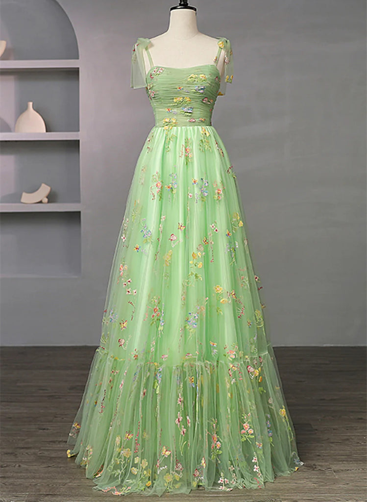 Lovely Light Green Floral Tulle Straps Long Formal Dress, Light Green