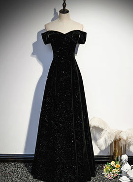 A-line Black Sweetheart Off Shoulder Long Velvet Prom Dress, Black Evening Dress