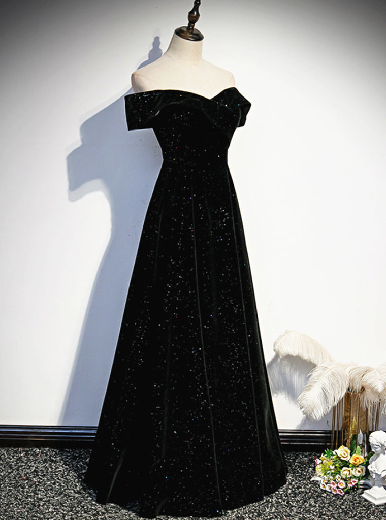 A-line Black Sweetheart Off Shoulder Long Velvet Prom Dress, Black Eve