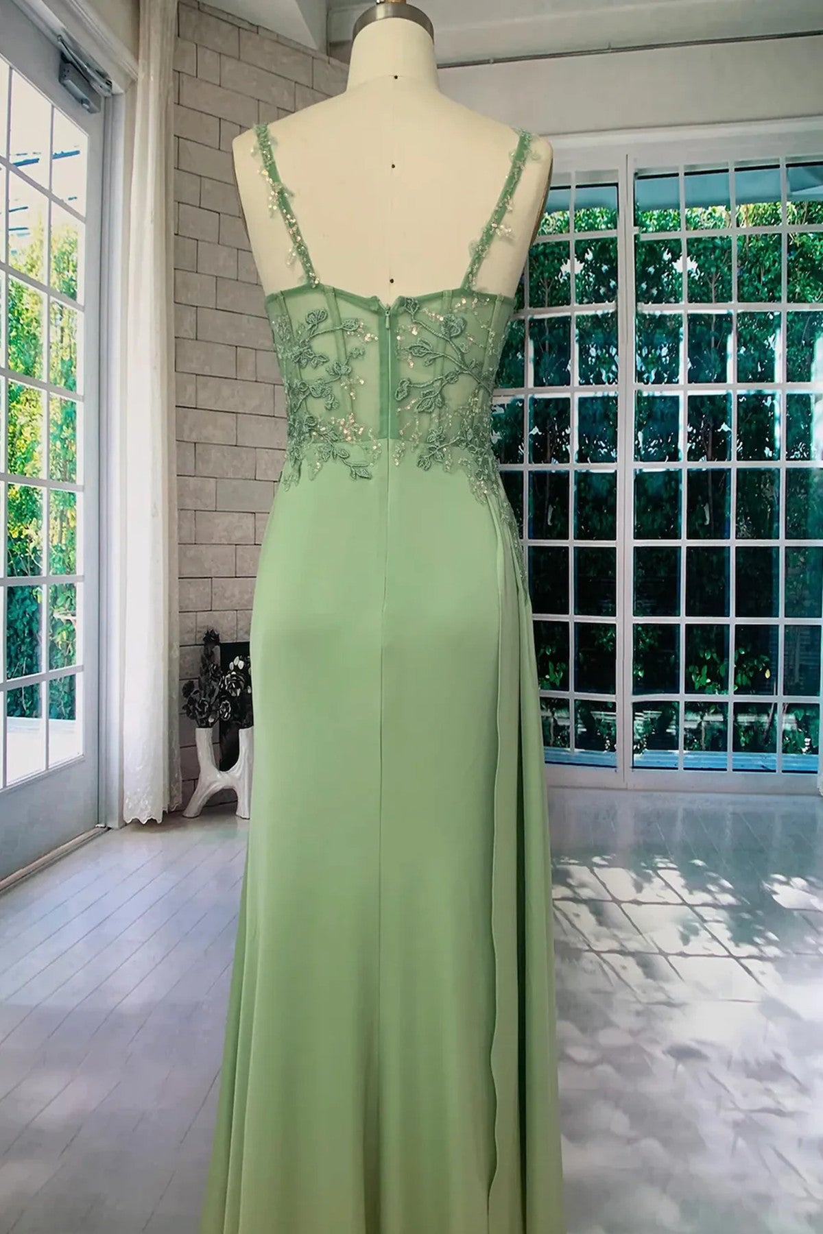 Light Green Sweetheart Straps Long Formal Dress with Leg Slit,  Light Green Prom Dress with Lace