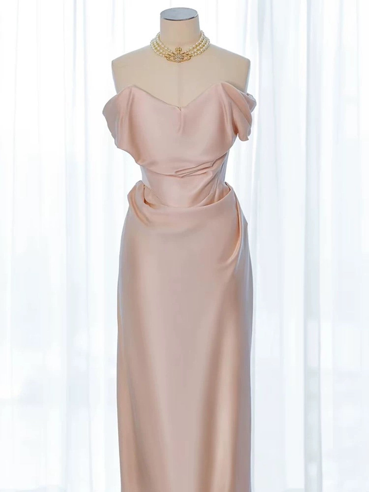 Pink Chic Satin Off Shoulder Long Party Dress, Pink Satin Evening Dress Prom Dress