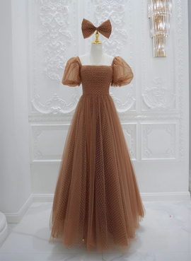 Lovely Simple Tulle Short Sleeves A-line Party Dress, Long Tulle Formal Dress Evening Dress