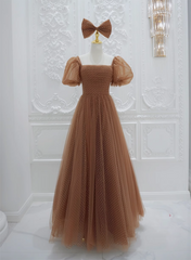 Lovely Simple Tulle Short Sleeves A-line Party Dress, Long Tulle Formal Dress Evening Dress