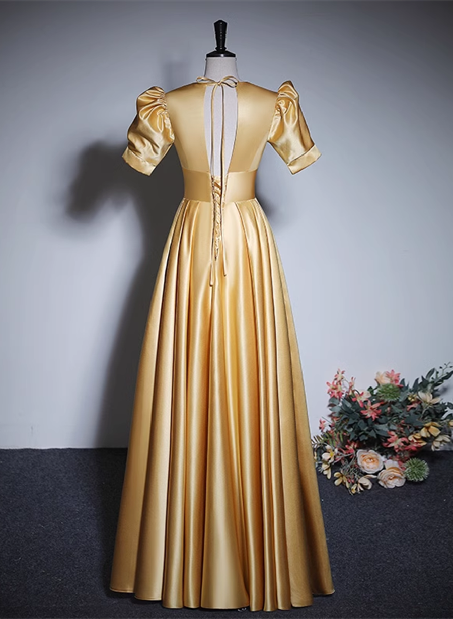 Gold Satin A-line Short Sleeves Floor Length Party Dress, Gold Simple Cutedressy Gold Satin A-line Short Sleeves Floor Length Party Dress, Gold Simple Cutedressy
