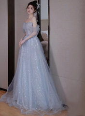Light Blue Tulle Off Shoulder Beaded Party Dress, A-line Tulle Blue Formal Dress Prom Dress