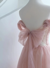 Pink Tulle Scoop A-line Floor Length Party Dress, Pink Off Shoulder Formal Dress Prom Dress