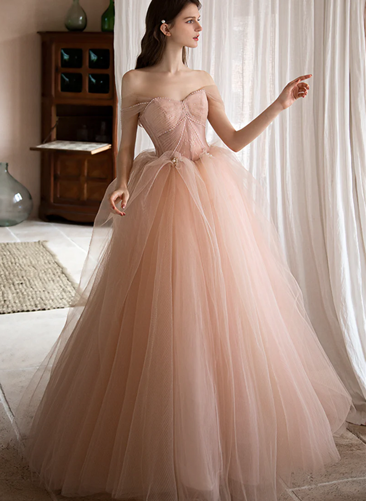 Gorgeous Pink Tulle Off Shoulder Formal Dress, Pink Long Lace Evening