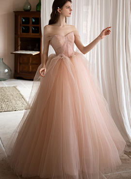 Gorgeous Pink Tulle Off Shoulder Formal Dress, Pink Long Lace Evening Dress Prom Dress
