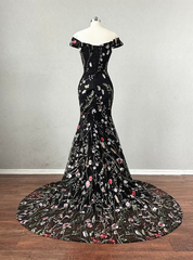 Black Floral Lace Mermaid Off Shoulder Long Party Dress, Black Evening Dress Prom Dress