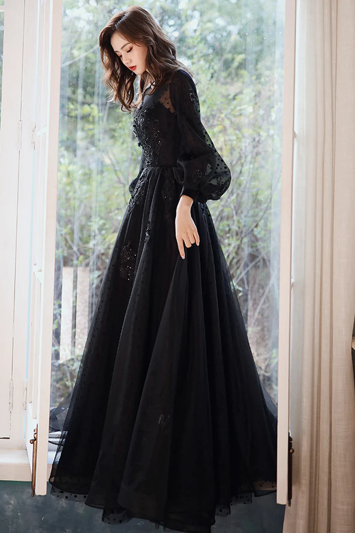 Black Puffy Sleeves Tulle with Lace Long Evening Dress, A-line Back Long Formal Dress