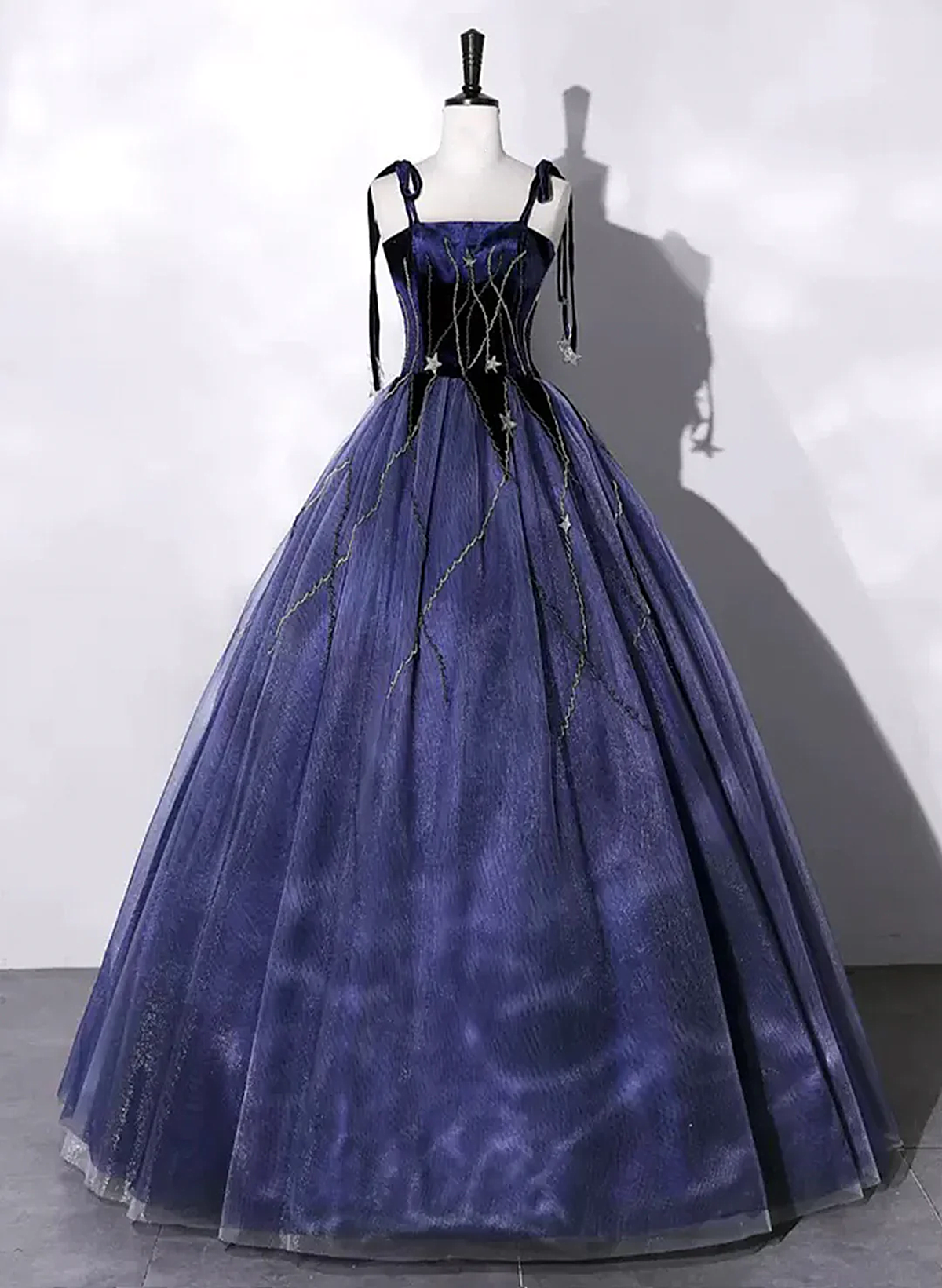 Navy Blue Tulle and Velvet Long Prom Dress, A-Line Straps Evening Party Dress