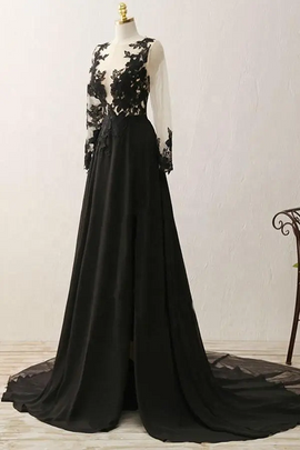 Black Long Sleeves Chiffon with Lace Evening Dress, Black A-line Party Dress with Leg Slit