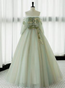 Light Green Scoop Off Shoulder A-line Tulle Prom Dress, Light Green Evening Dress