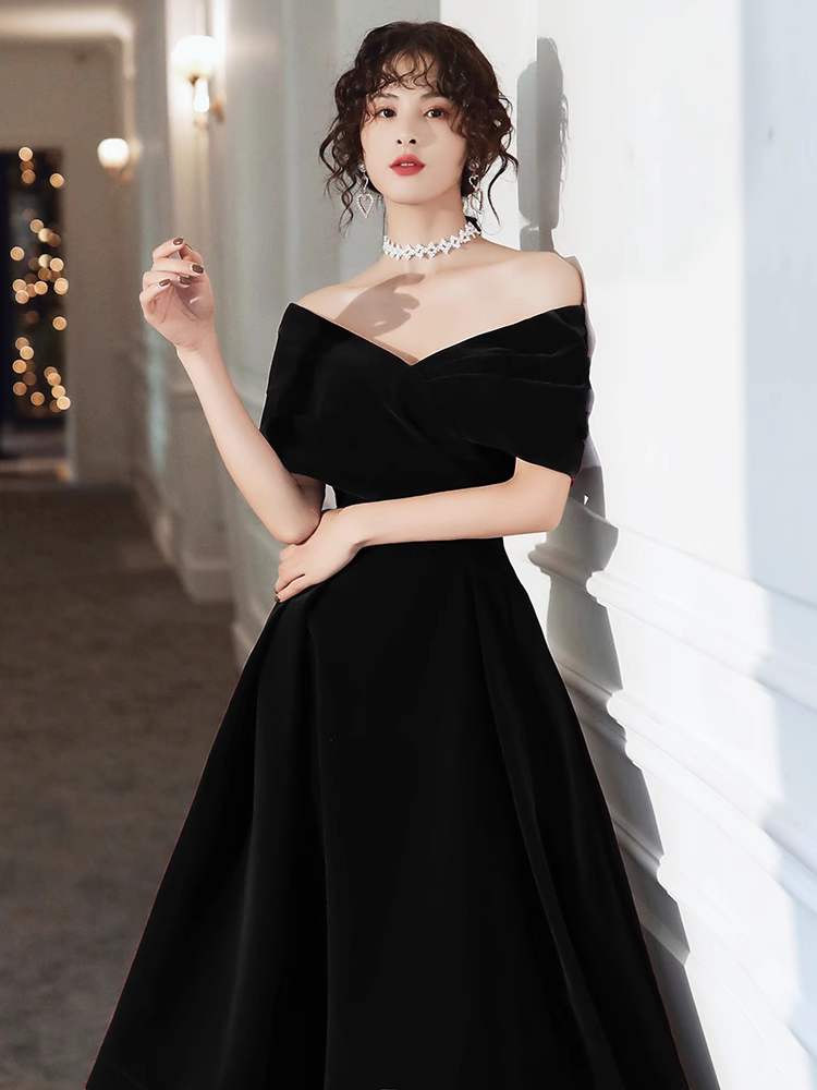 Off Shoulder Black Velvet Tea Length Party Dress, Off Shoulder Velvet Homecoming Dress