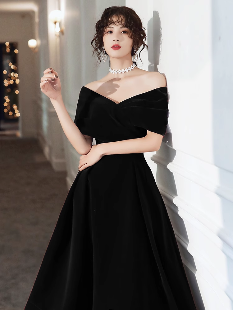 Off Shoulder Black Velvet Tea Length Party Dress, Off Shoulder Velvet