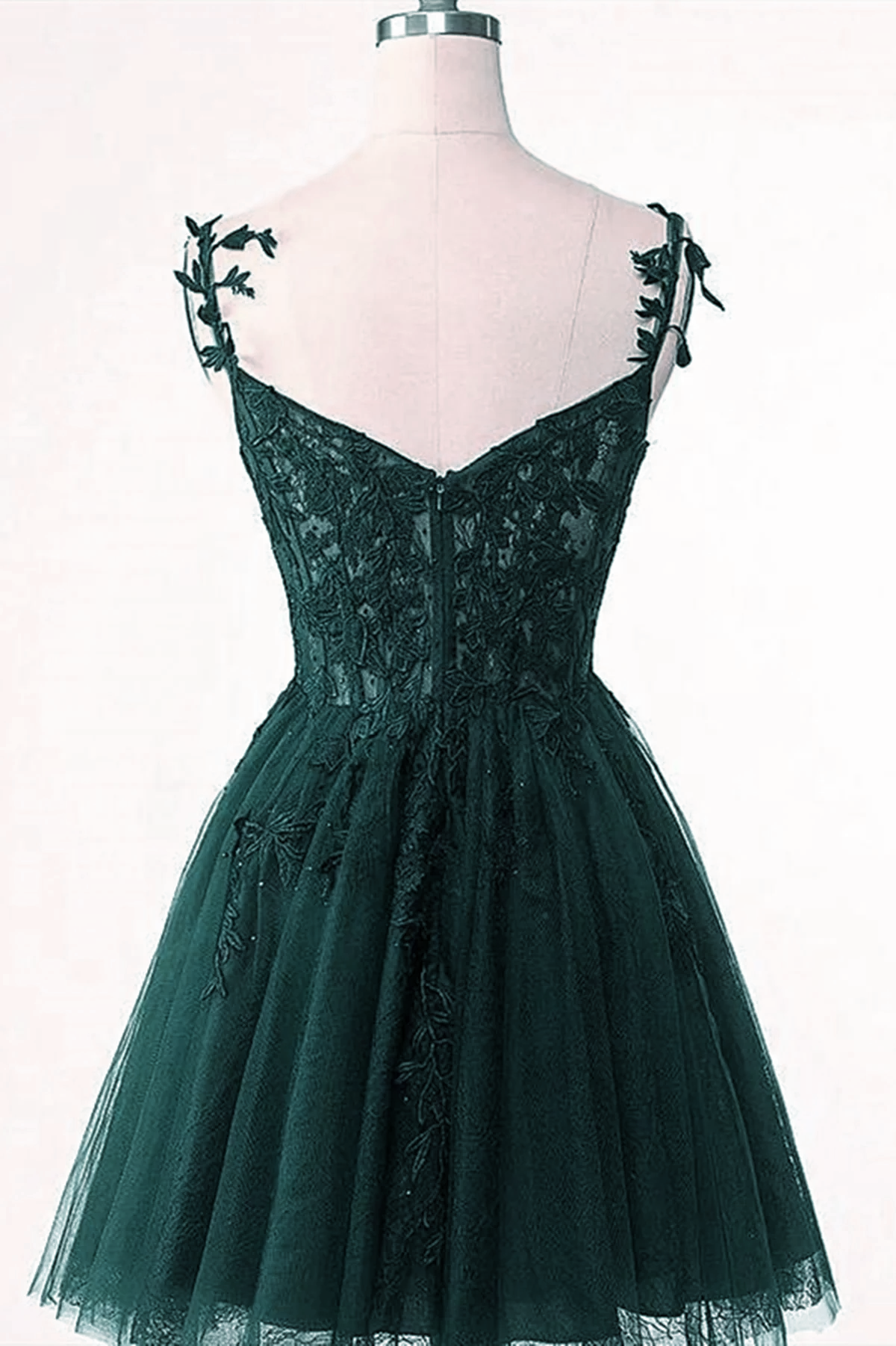 V-neckline Dark Green Tulle with Lace Short Homecoming Dress, Green Short Prom Dress V-neckline Dark Green Tulle with Lace Short Homecoming Dress, Green Short Prom Dress