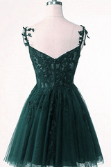 V-neckline Dark Green Tulle with Lace Short Homecoming Dress, Green Short Prom Dress