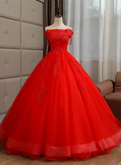 Glam Tulle with Lace Applique Off Shoulder Sweet 16 Dress, Ball Gown Formal Dress