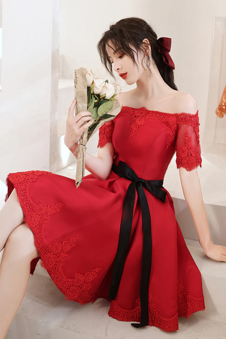Red Satin Knee Length with Lace Party Dress, Red Short Homecoming Dres Cutedressy Red Satin Knee Length with Lace Party Dress, Red Short Homecoming Dres Cutedressy