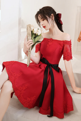 Red Satin Knee Length with Lace Party Dress, Red Short Homecoming Dress