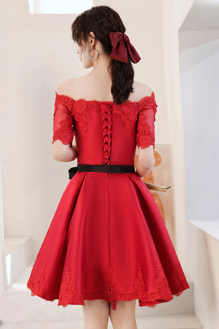 Red Satin Knee Length with Lace Party Dress, Red Short Homecoming Dres Cutedressy Red Satin Knee Length with Lace Party Dress, Red Short Homecoming Dres Cutedressy