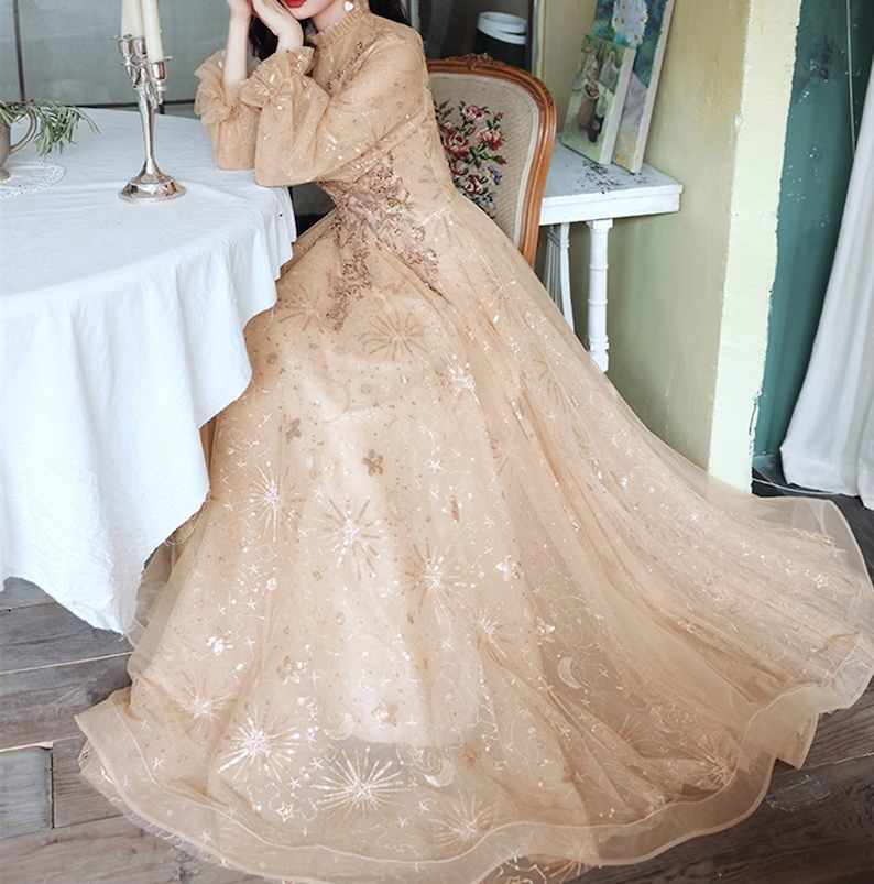 Champagne Puffy Sleeves Long Beaded Party Dress, Champagne Tulle Prom Dress