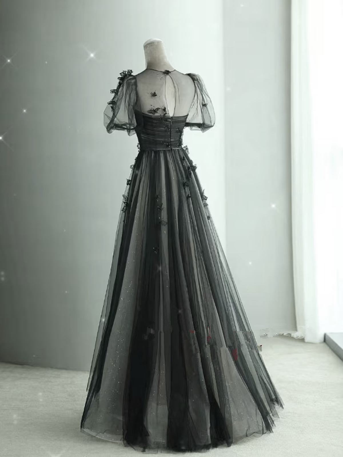 Black Tulle Puffy Short Sleeves A-line Prom Dress, Black Evening Dress Cutedressy Black Tulle Puffy Short Sleeves A-line Prom Dress, Black Evening Dress Cutedressy