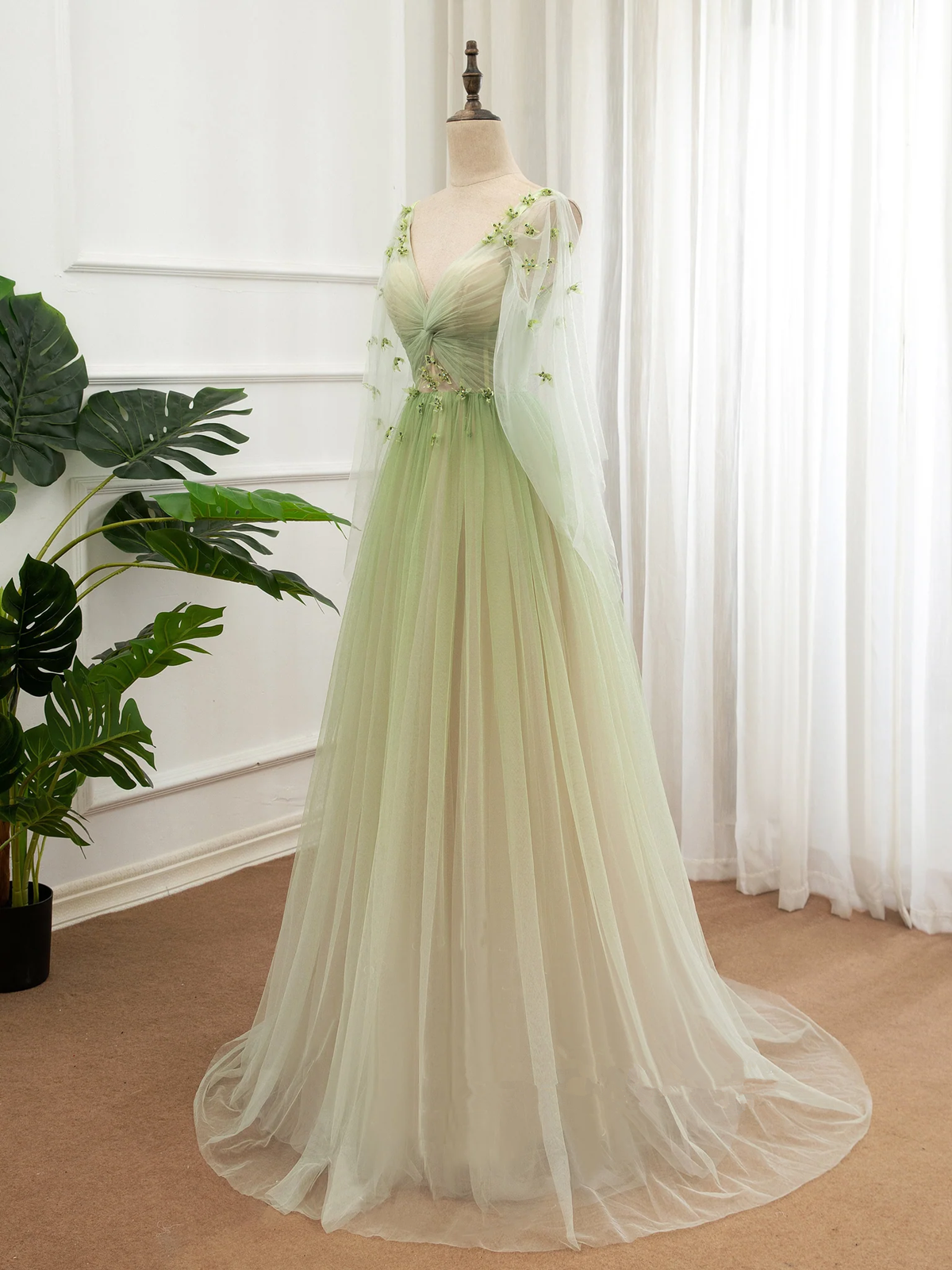 A-line Green Tulle Gradient Long Party Dress, Green Floor Length Formal Dress