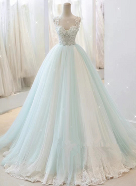 Glam White and Mint Green Tulle with Lace Party Dress, Straps Formal Dress Evening Dress