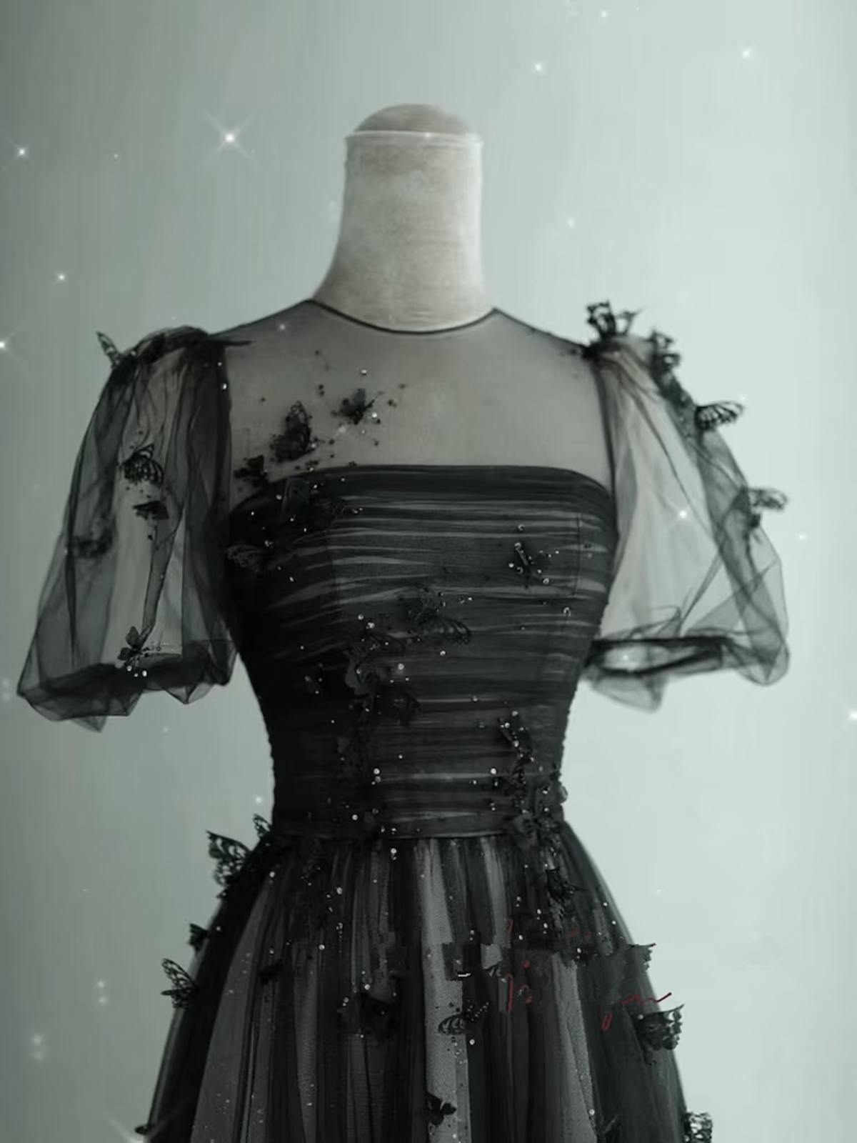 Black Tulle Puffy Short Sleeves A-line Prom Dress, Black Evening Dress Party Dress