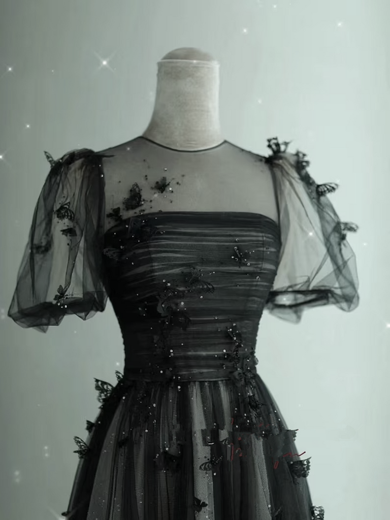 Black Tulle Puffy Short Sleeves A-line Prom Dress, Black Evening Dress