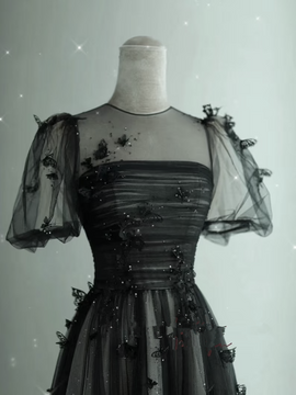 Black Tulle Puffy Short Sleeves A-line Prom Dress, Black Evening Dress Party Dress