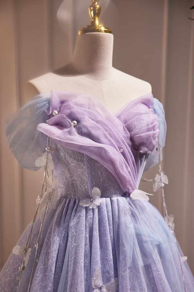 LightPurple Tulle Off Shoulder Short Prom Dress, Cute A-Line Off Shoulder Homecoming Dress