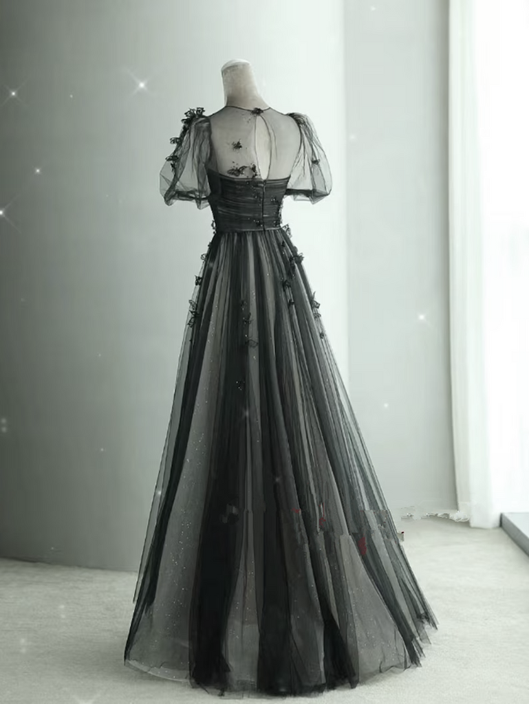 Black Tulle Puffy Short Sleeves A-line Prom Dress, Black Evening Dress