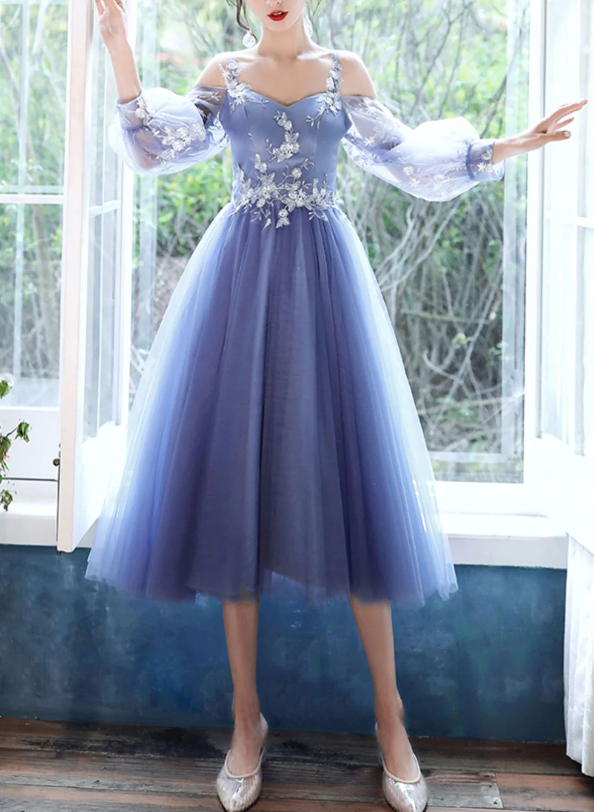 Lovely Blue Short Tea Length Party Dress, Puffy Sleeves Tulle Formal Dress