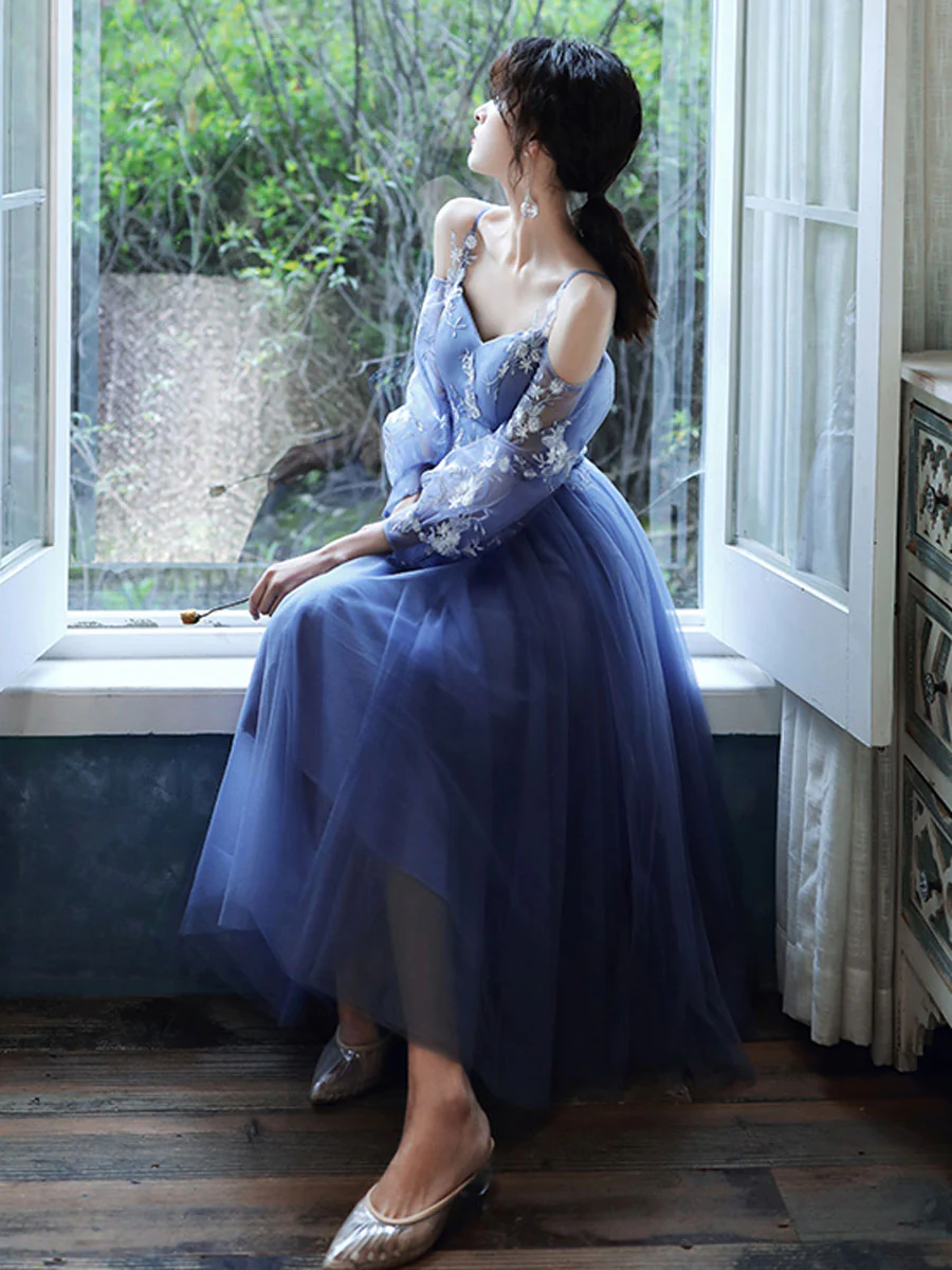 Lovely Blue Short Tea Length Party Dress, Puffy Sleeves Tulle Formal D Cutedressy Lovely Blue Short Tea Length Party Dress, Puffy Sleeves Tulle Formal D Cutedressy