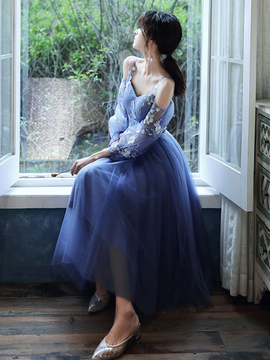 Lovely Blue Short Tea Length Party Dress, Puffy Sleeves Tulle Formal Dress