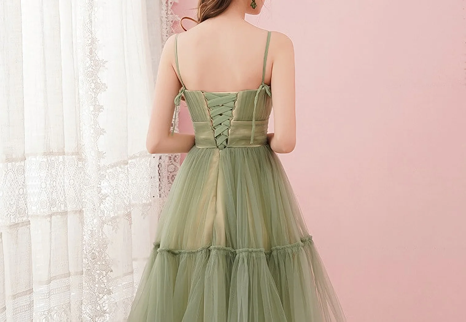 Light Green Tulle Straps Tea Length Party Dress, Light Green Tulle Homecoming Dress