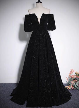 Black V-neckline Velvet Off Shoulder Party Dress, A-line Black Prom Dress Evening Dress