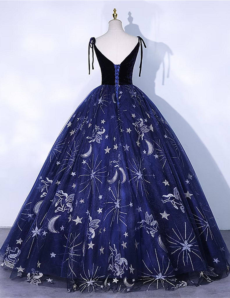 Cute Navy Blue Ball Gown V-neckline Party Dress, Navy Blue Sweet 16 Dr