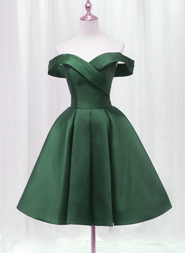 Dark Green Satin Off Shoulder Knee Length Party Dress, Green Homecoming Dress Prom Dress