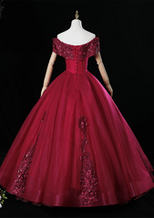 Wine Red Ball Gown Sweetheart Off Shoulder Long Party Dress, Wine Red Sweet 16 Dress