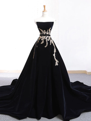 Glam Black Velvet Long Formal Gown with Gold Lace, Black Velvet Prom Dress Evening Dress
