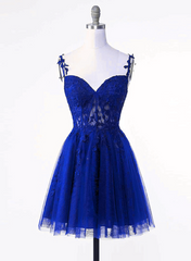 Royal Blue Tulle with Lace Straps Homecoming Dress, Royal Blue Short Prom Dress