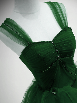 Green Tulle Beaded Sweetheart Long Party Dress, Green A-line Prom Dress Evening Dress