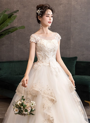 Ivory Tulle with Lace Short Sleeves Sweet 16 Dress, Ivory Tulle Ball Gown Layers Formal Dress