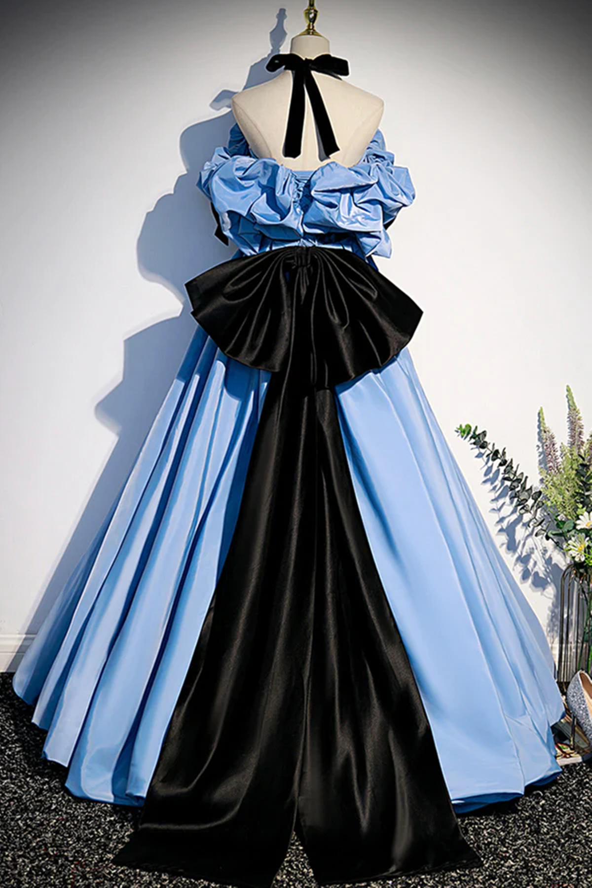 Blue Satin A-line Long Prom Dress with Black Bow, Off the Shoulder Blue Long Party Dress