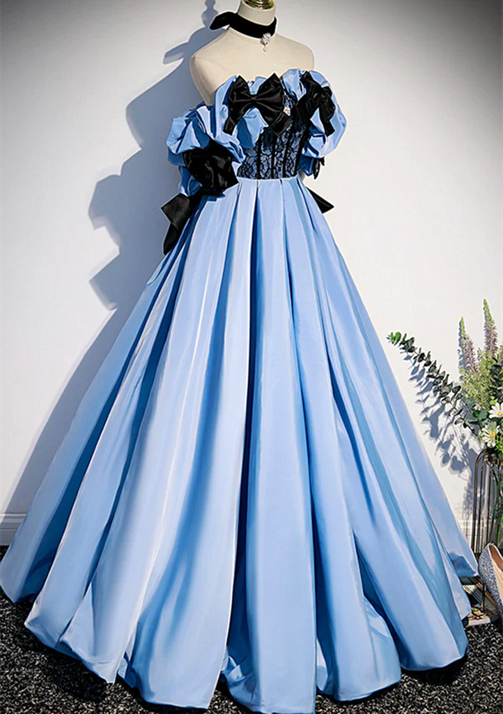 Blue Satin A-line Long Prom Dress with Black Bow, Off the Shoulder Blu ...